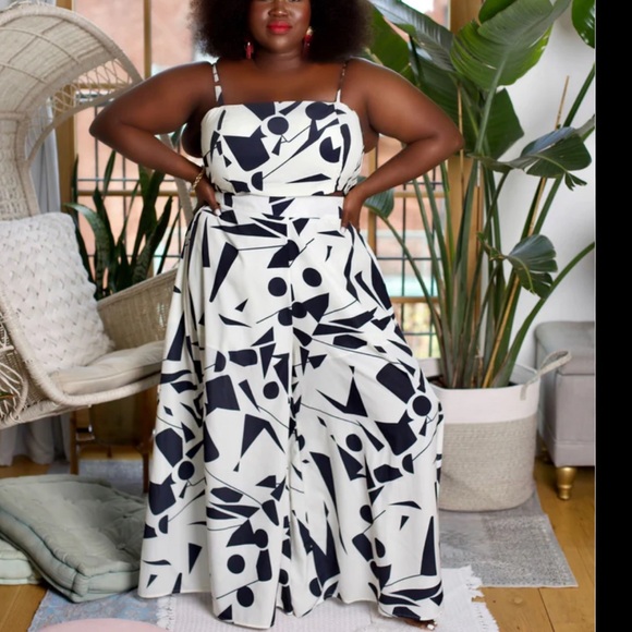 L'ATISTE Pants - 1x left Plus size monochrome Abstract Shapes Print Plus Pant Set black and white
